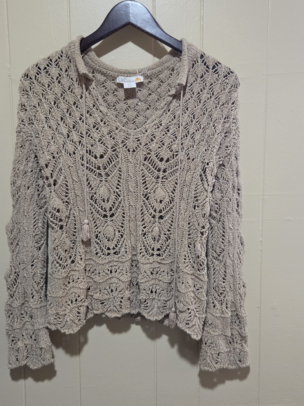 C&C California Taupe Open-Knit V-Neck Sweater with Tassel Ties